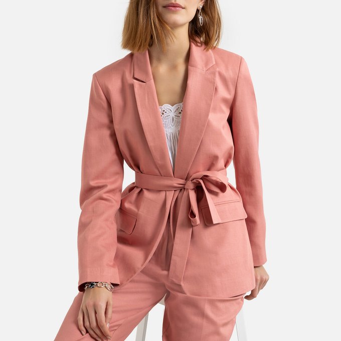 Single Breasted Belted Blazer In Cotton Mix Blush Pink La Redoute Collections La Redoute