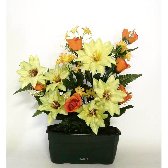 Composition Jardiniere De Bouton De Rose Clematite Et Mini Fleur Artificiel Lestee Exterieur H 50 C Couleur Orange