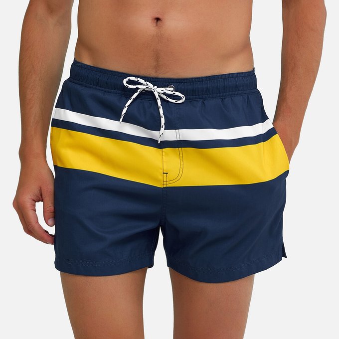 blue and yellow swim trunks