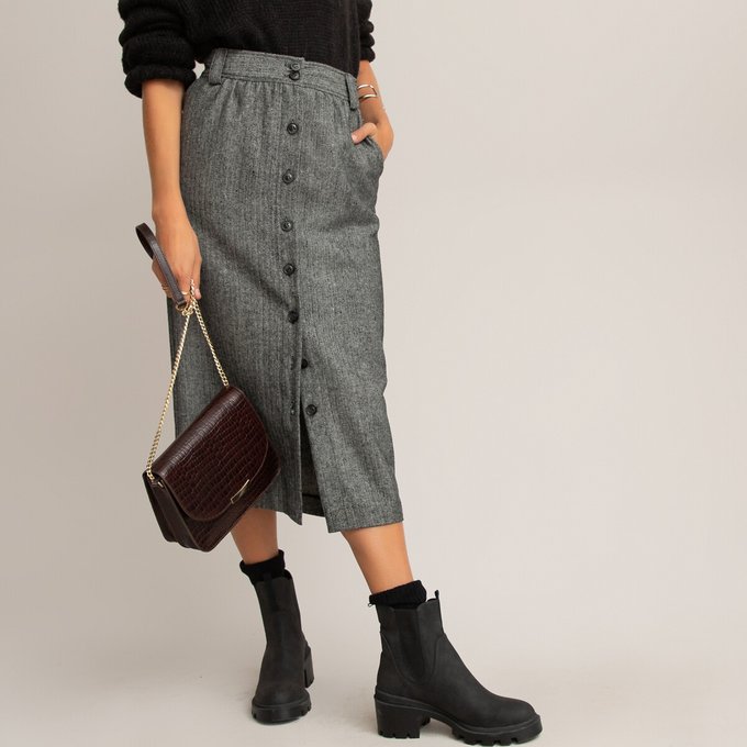 Lange rechte rok in tweed met knoopsluiting zwartwit La Lange rok met knoopsluiting in jacquard La Redoute