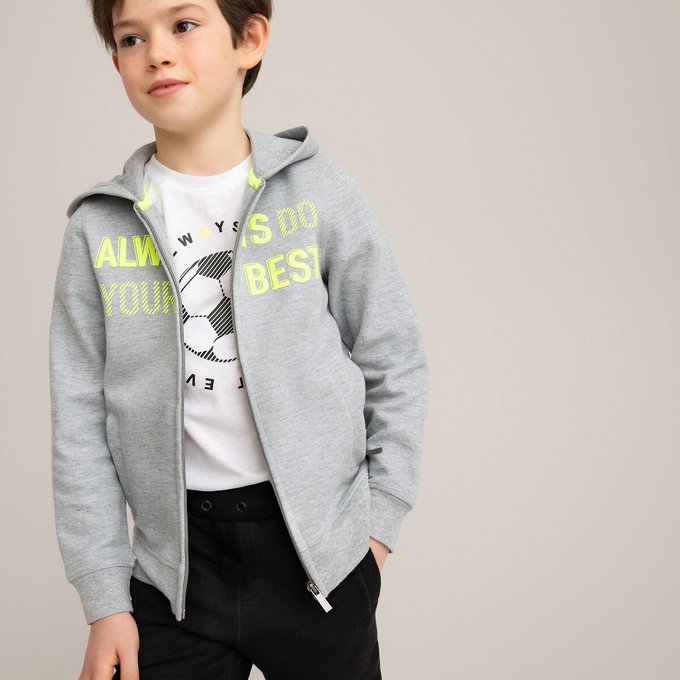 Printed Zip Up Hoodie In Organic Cotton Mix 3 12 Years Grey Marl La Redoute Collections La Redoute