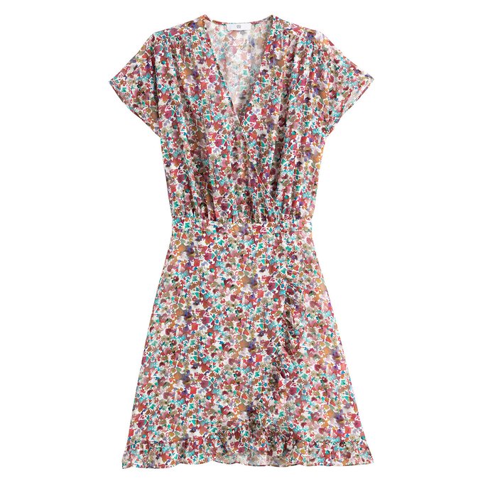 Vestido curto, efeito envelope, estampado às flores