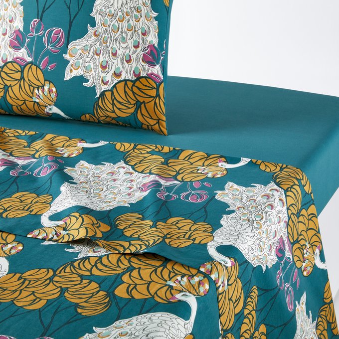 Peacock Blue Flat Sheet In Printed Cotton Percale Printed La