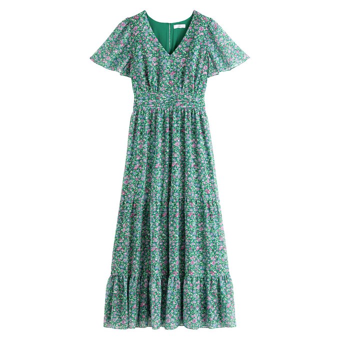 Vestido maxi de mangas curtas com borboletas estampadas