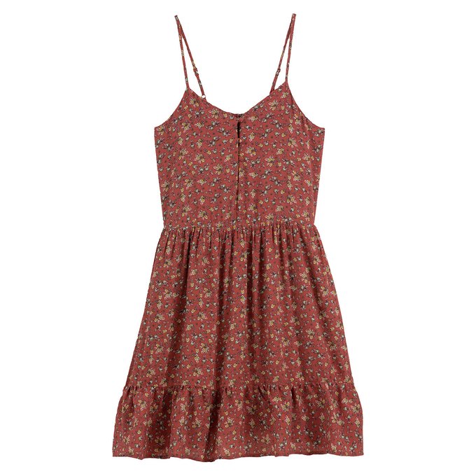 Vestido curto de alças finas, estampado floral