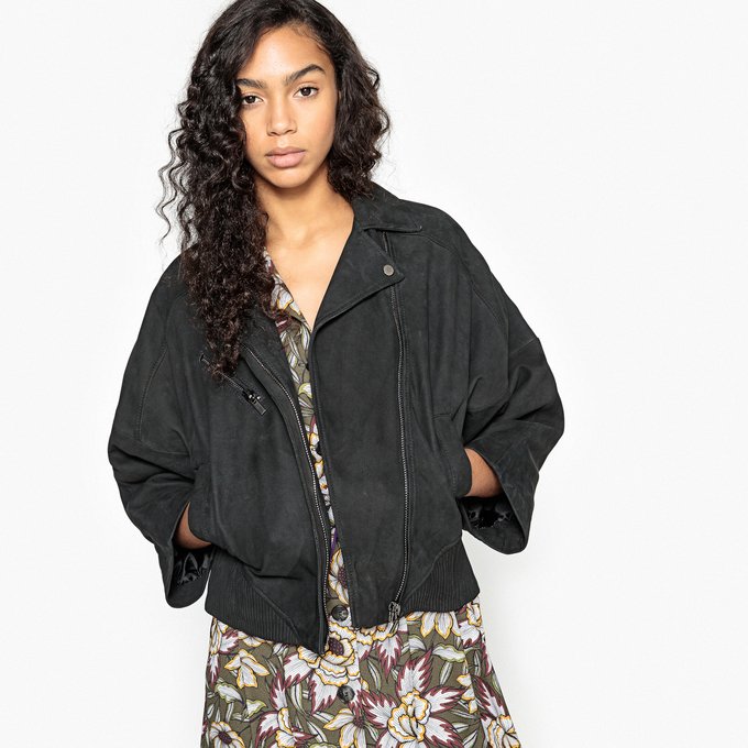 Leather Jacket With Batwing Sleeves Black La Redoute