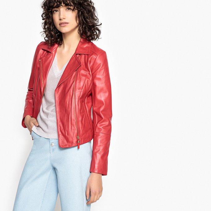 Leather Biker Jacket Raspberry Red La Redoute Collections