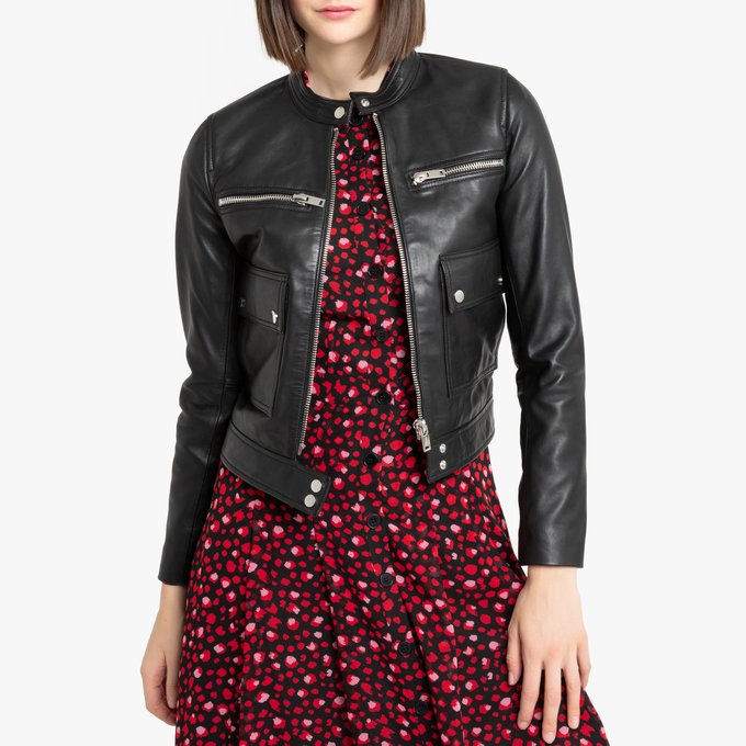 Short Leather Jacket With Zip Fastening Black La Redoute