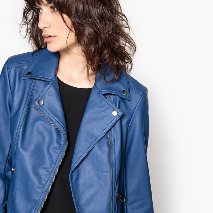 Faux Leather Biker Jacket With Pockets Blue La Redoute