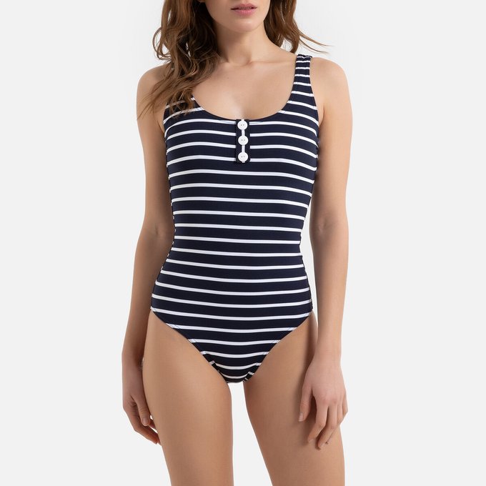 blue and white striped swimsuit