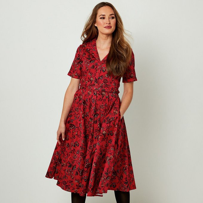 red cotton shirt dress