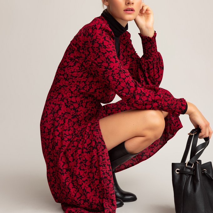 Floral Print Wrapover Dress With Long Puff Sleeves Floral Print Black La Redoute Collections La Redoute
