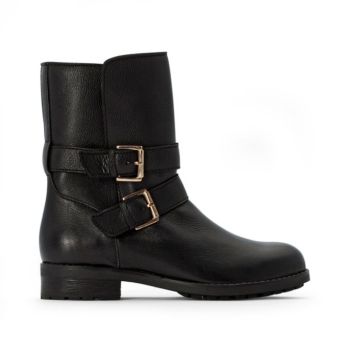 Leather biker boots with straps black 