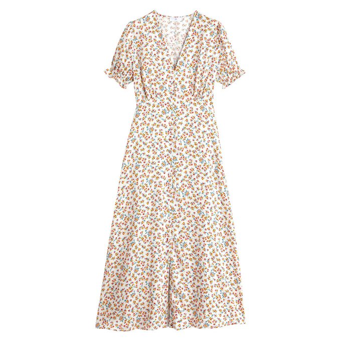 Vestido com decote em V e mangas curtas, estampado florido