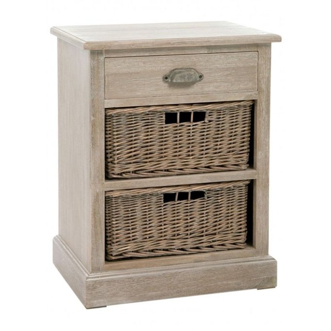 Table De Chevet Bois Grise 1 Tiroir 2 Paniers Rotin Gris Wadiga