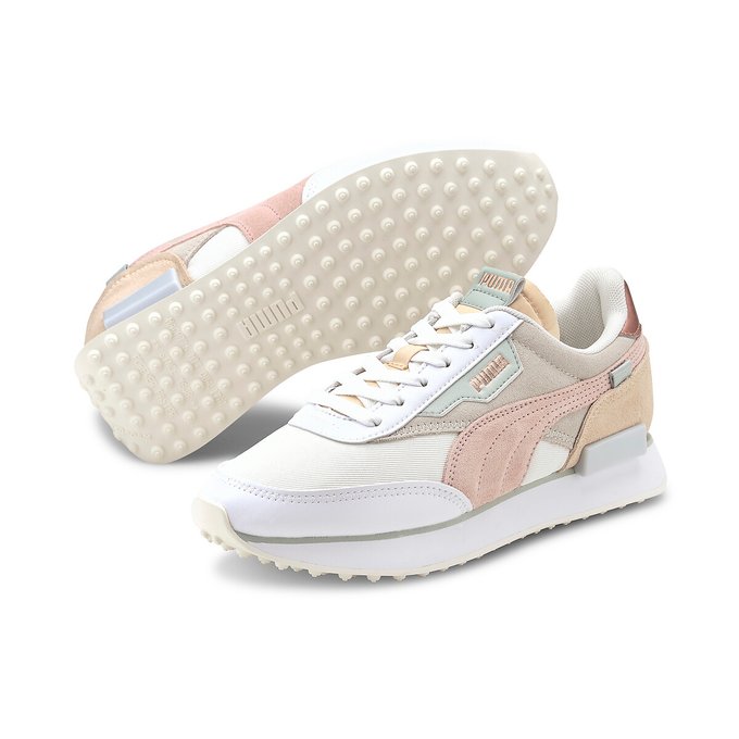 white and pink puma shoes