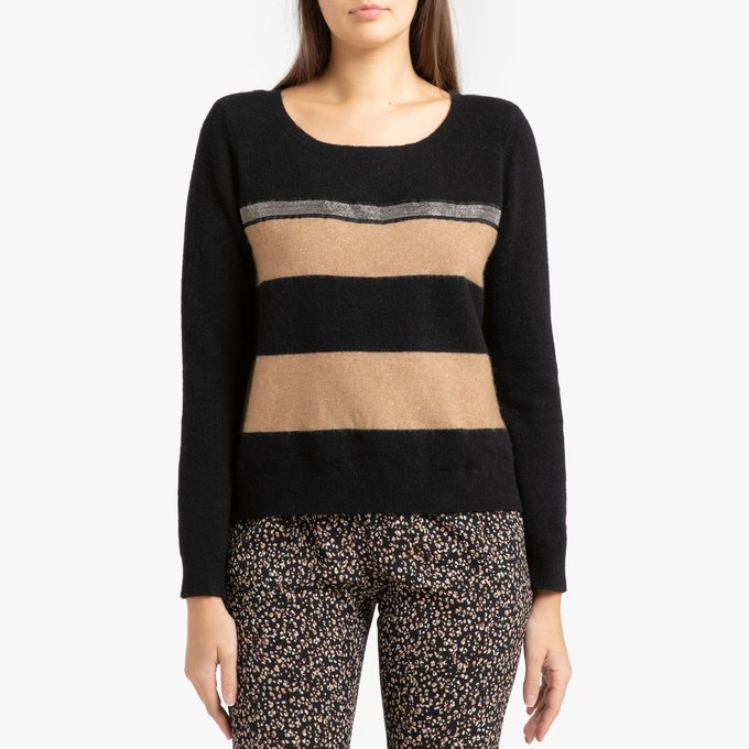 Pull rayé à col rond en fine maille Ikks | La Redoute Pull col rond en fine maille beige chiné La Redoute
