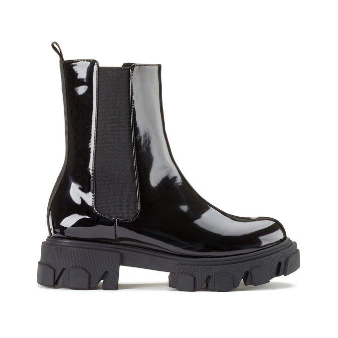 Patent Elasticated Ankle Boots with Notched Sole