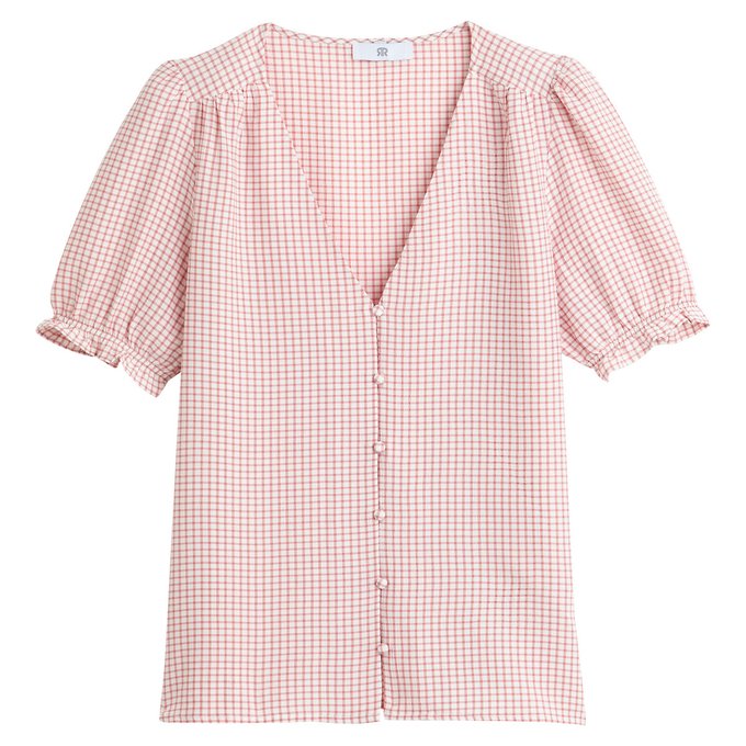 Blusa com decote em V, aos quadrados, mangas curtas