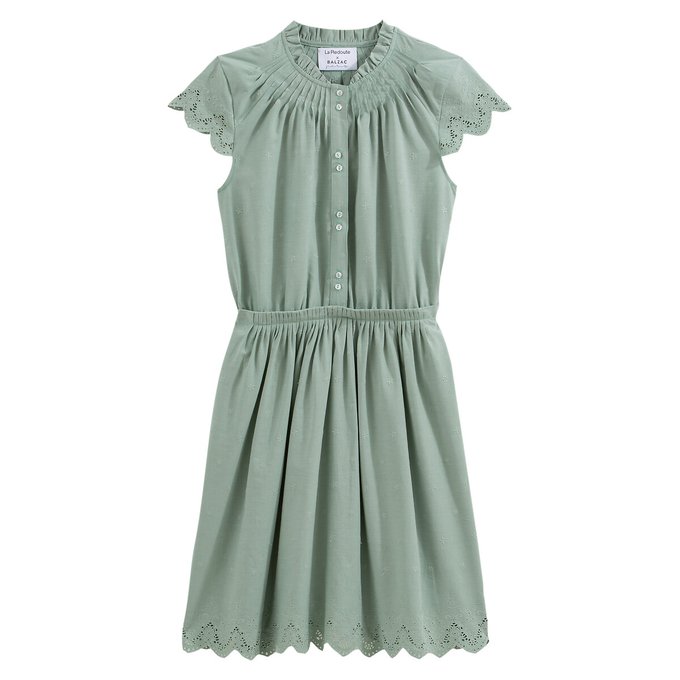 Embroidered cotton knee-length dress with short sleeves , green, Balzac ...
