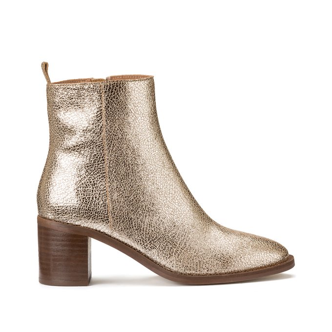 Metallic Leather Ankle Boots with Block Heel