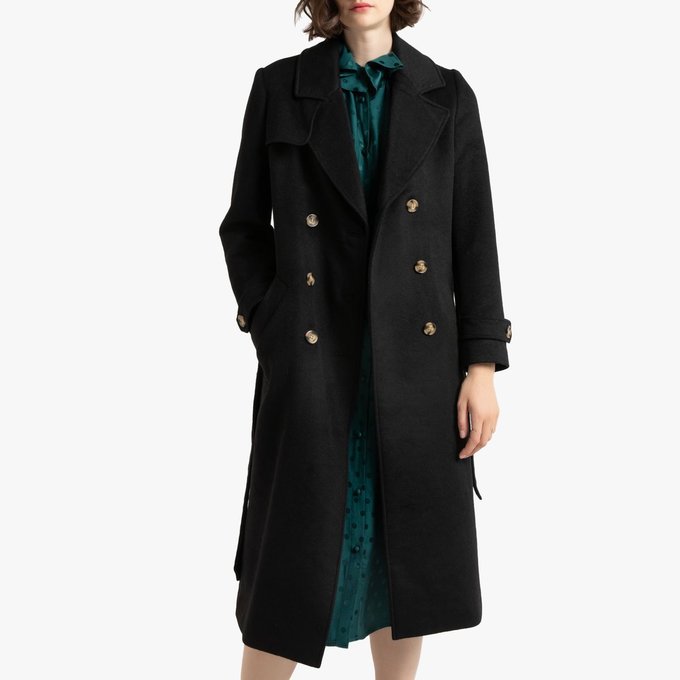 Manteau long drap de laine mélangée noir La Redoute R essentiel Manteau drap de laine | La Redoute | Manteau