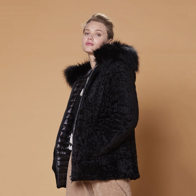 reversible fur coat with hood