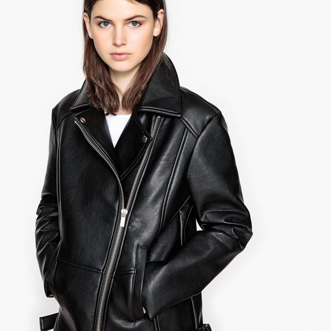 Faux Leather Jacket With Logo Black La Redoute