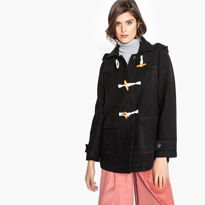Duffle coat à capuche, laine mélangée noir La Redoute Duffle coat noir femme | La Redoute