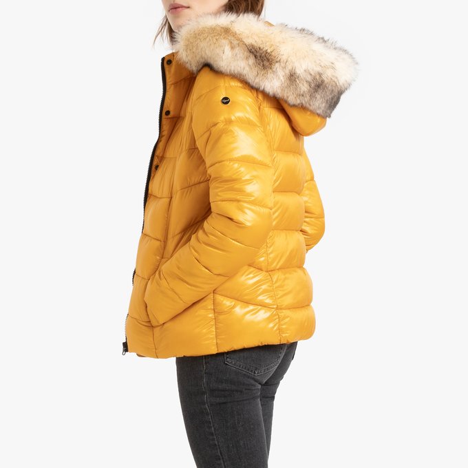 quilted faux fur hooded padded puffer coat mustard yellow