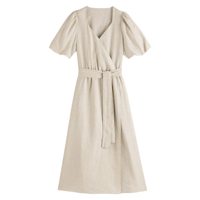 Vestido modelo envelope de mangas curtas, em linho
