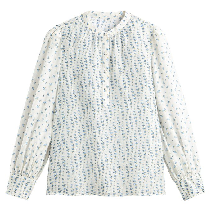 Blusa com gola Mao, mangas compridas tufadas