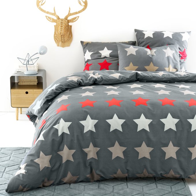 Stars Print Cotton Duvet Cover Charcoal Grey La Redoute