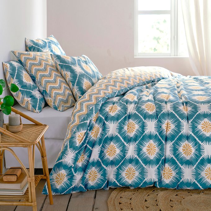 Pogos Cotton Duvet Cover In Pure Cotton Blue Print Yellow La