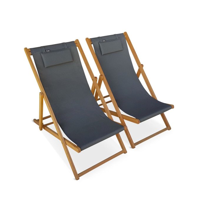 Ensemble de 2 bains de soleil Creus, en eucalyptus FSC et textilène avec coussin repose tête