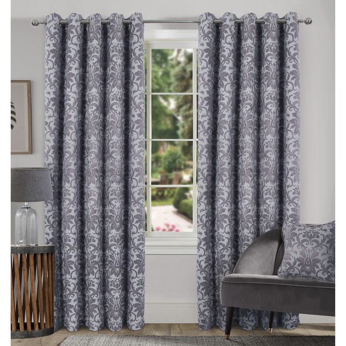 Denton Damask Blockout Eyelet Curtains Silver Silver Coloured