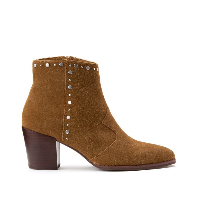 Suede Pointed Ankle Boots with Block Heel and Rivets