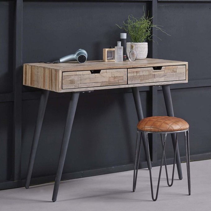 Console Bureau En Bois Recycle De Teck Et Metal Style Industriel 2 Tiroirs 90cm Java Bois Naturel Pier Import La Redoute