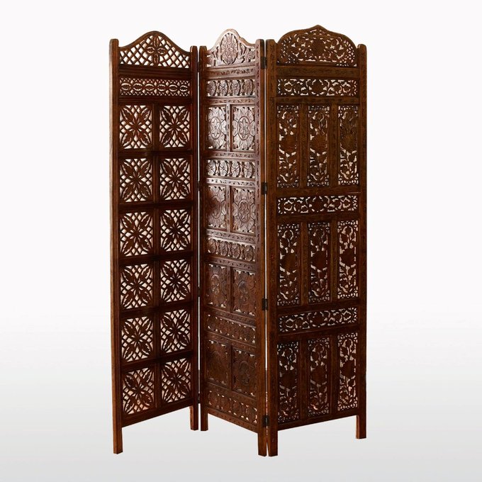 Aima Intricate Solid Mango Folding Screen Dark Wood La Aima Intricate Solid Mango Folding Screen Dark Wood La