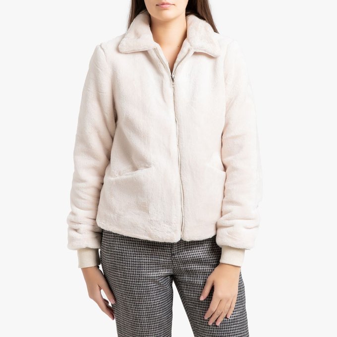 imitation fourrure Manteau court zippé SuncooLa ecru eden hrtxQCsdB