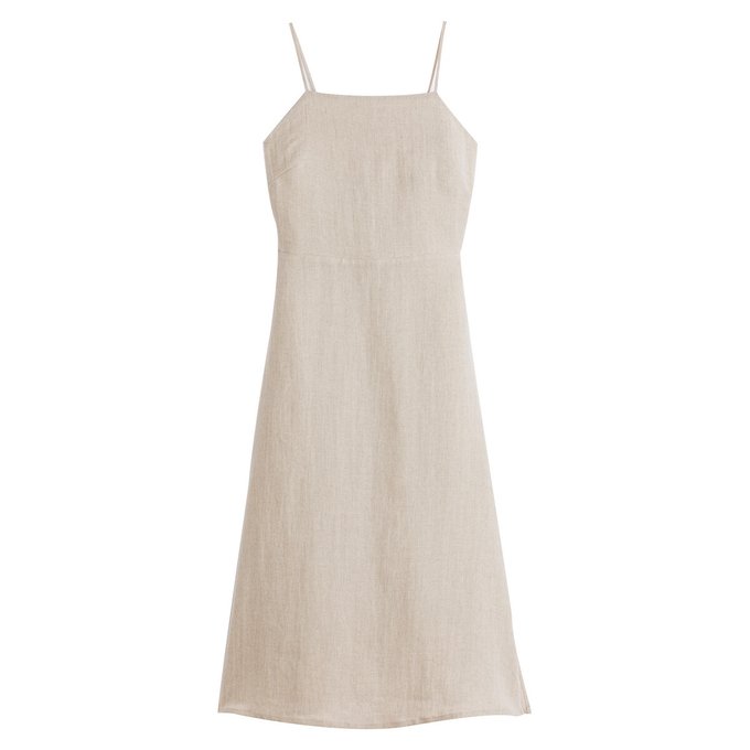 Vestido de alças finas, em linho