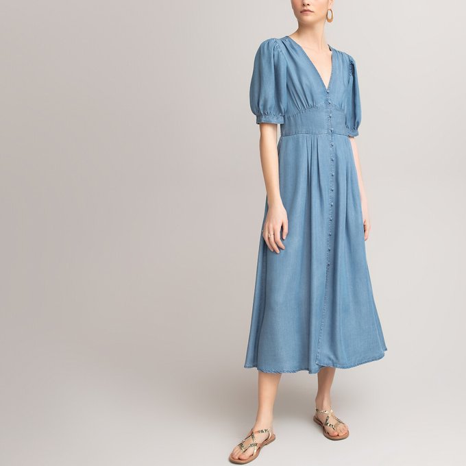 Vestido comprido com decote em V, mangas curtas