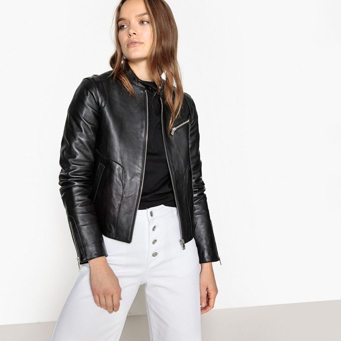 Blouson en cuir, col montant noir La Redoute Collections Manteau cuir noir femme | La Redoute