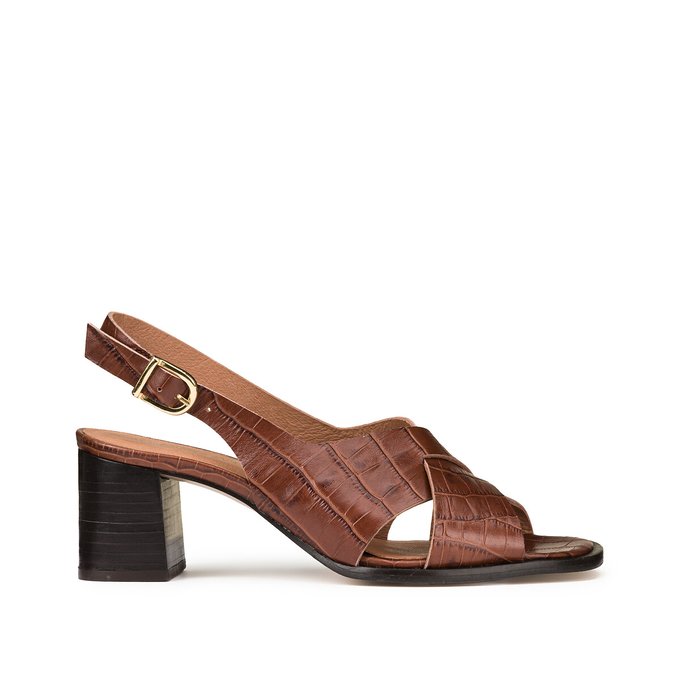 Mock Croc Leather Sandals with Block Heel