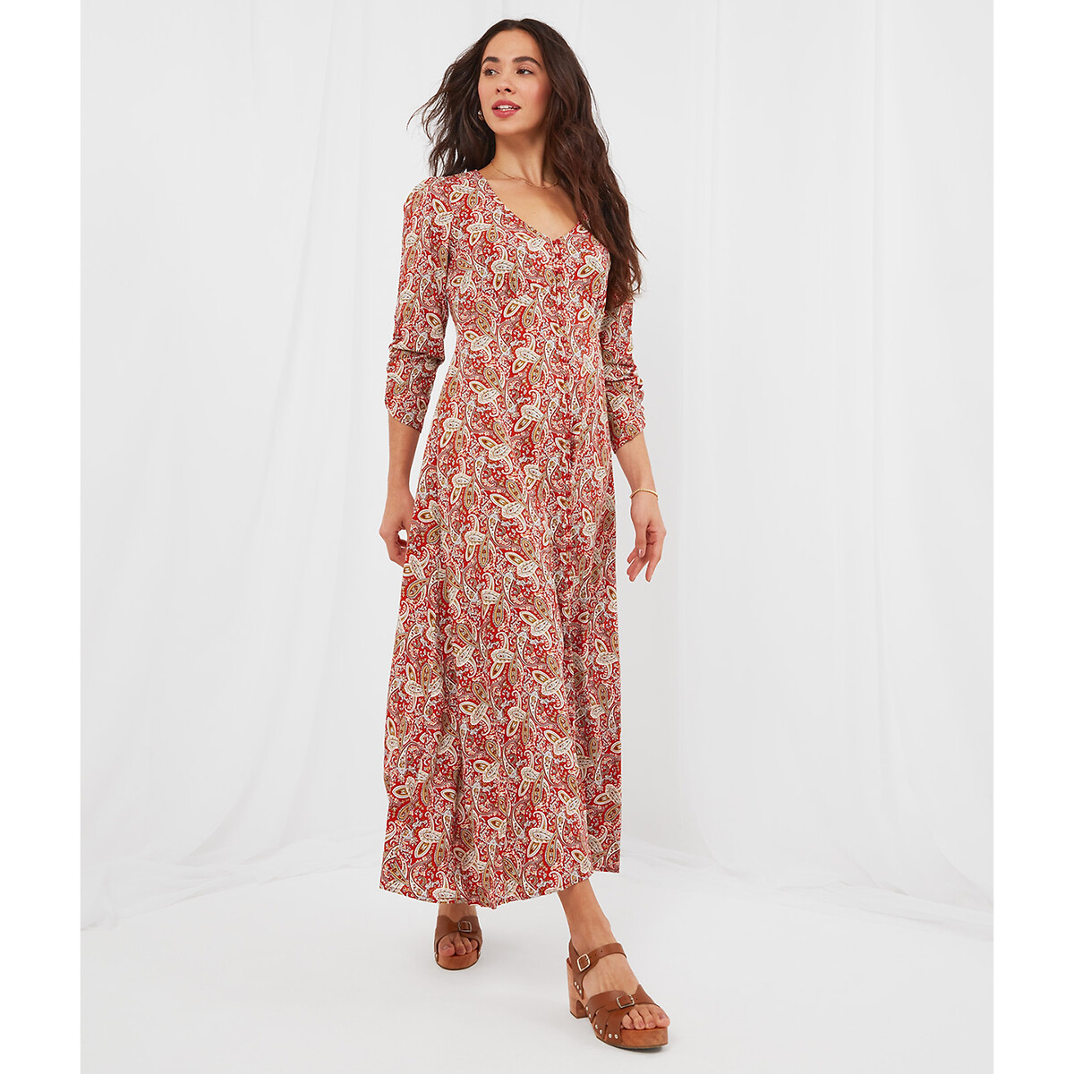 Printed maxi dress with 3/4 length sleeves, red, Joe Browns | La Redoute