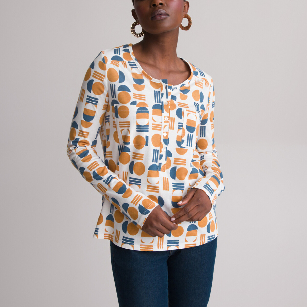 Image of Printed Cotton Mix T-Shirt with Long Sleeves and Crew Neck