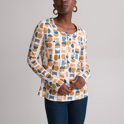 Printed Cotton Mix T-Shirt with Long Sleeves and Crew Neck ANNE WEYBURN