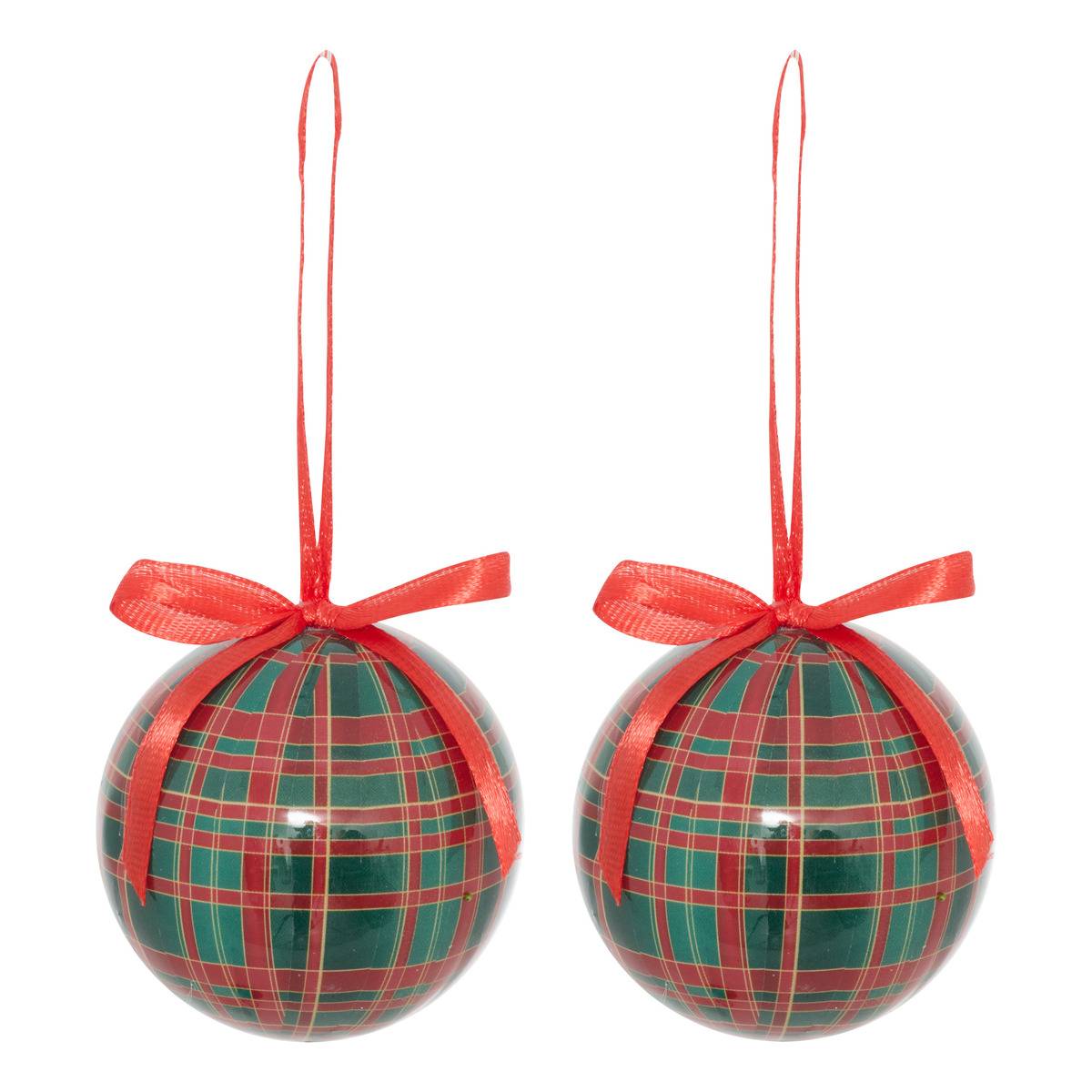Lot de 2 boules de Noël en papier imprimé tartan D. 60 mm, FEERIC LIGHTS & CHRISTMAS