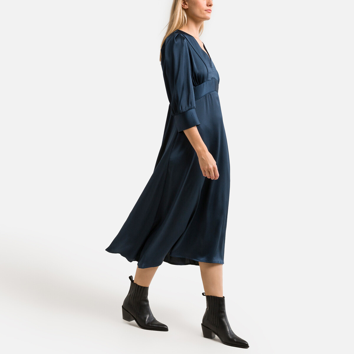 Satin Midi Dress with 3/4 Length Sleeves