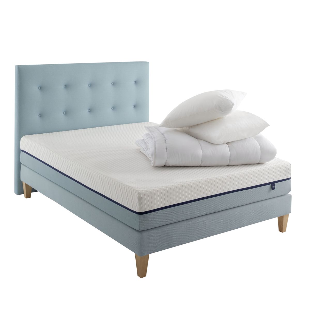 Pack sommier + matelas FORM 140x200 + 2 oreillers mémoire de forme +  Couette Percale